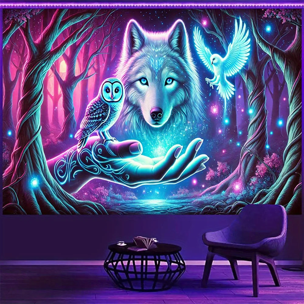 VIKAMA Black Light Magic Wolf Tapestry psychedelic Forest Wall Carpet Owl and Elf Hand Art Living Room Room Decoration