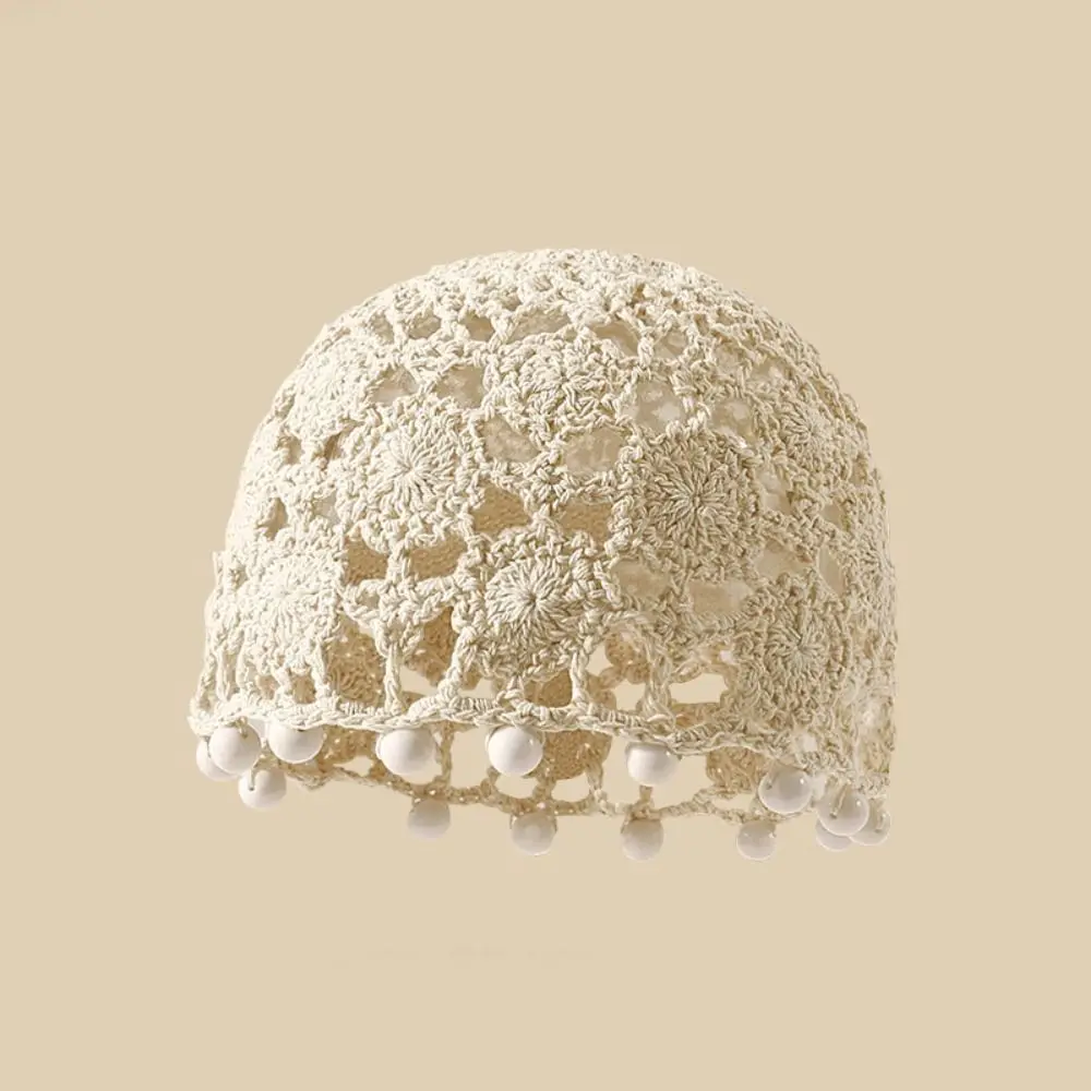 Vintage Sweet Crochet Hollow Knitted Hat Flower Beads Tassels Ethnic Style Hat Bohemian Style Hollow Out Weave Cap Outdoor