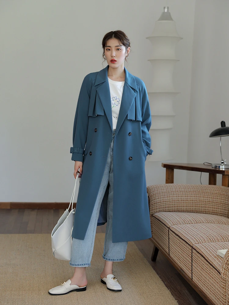 DUSHU Temperament Windbreaker Mid-length Jacket Woman Clothes Long Coat Women Coffee Trench Blue Vintage Women Clothes Coats