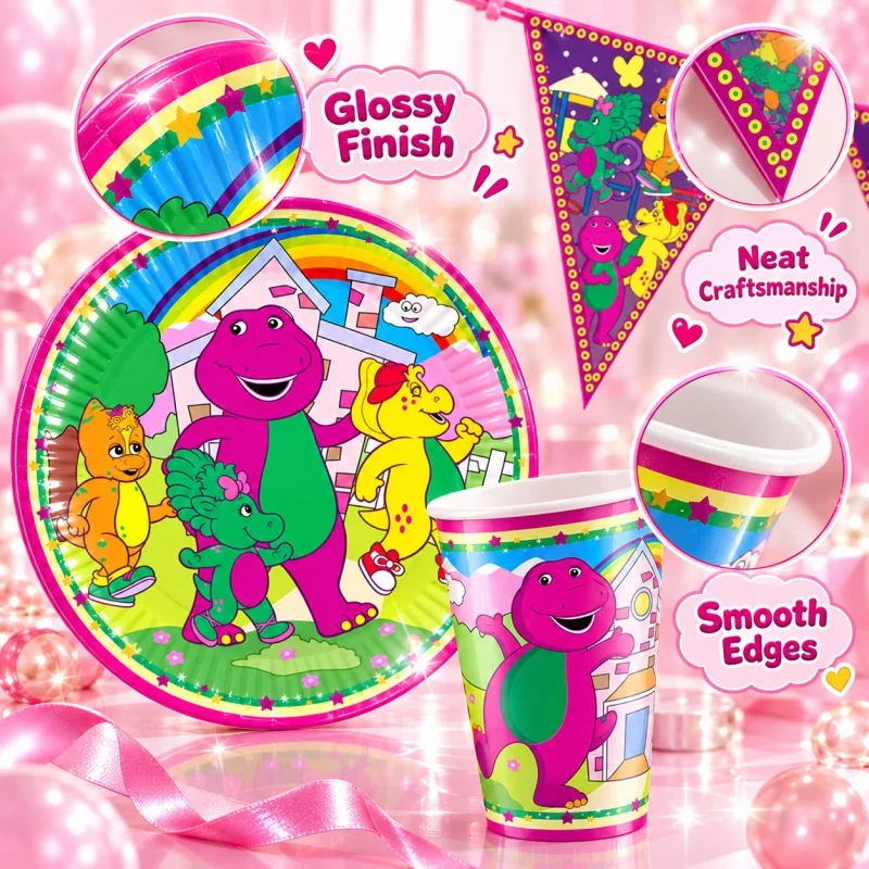 Barney Teller Tasse Dreieckige Flagge Happy Birthday Party Dekoration Einweg-Tischgeschirr-Set Charakter-Drucke Bestseller-Zubehör – Detail 6