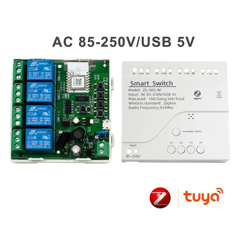 DT51 4CH Zigbee Smart Light Switch Module AC 85-250V 10A Relay Works with Alexa Tuya Smart Life Home Automation