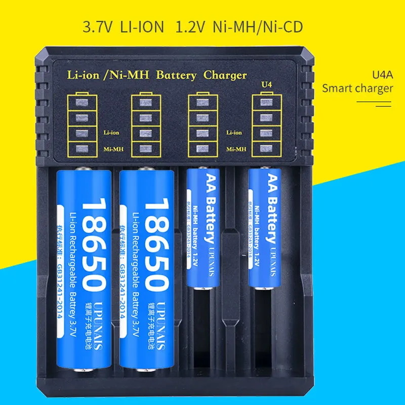بطارية USB شاحن ذكي 4 فتحات لبطارية ليثيوم 18650 21700 14500 3.7 فولت قابلة للشحن لبطارية 1.2 فولت ni-mh AA / AAA