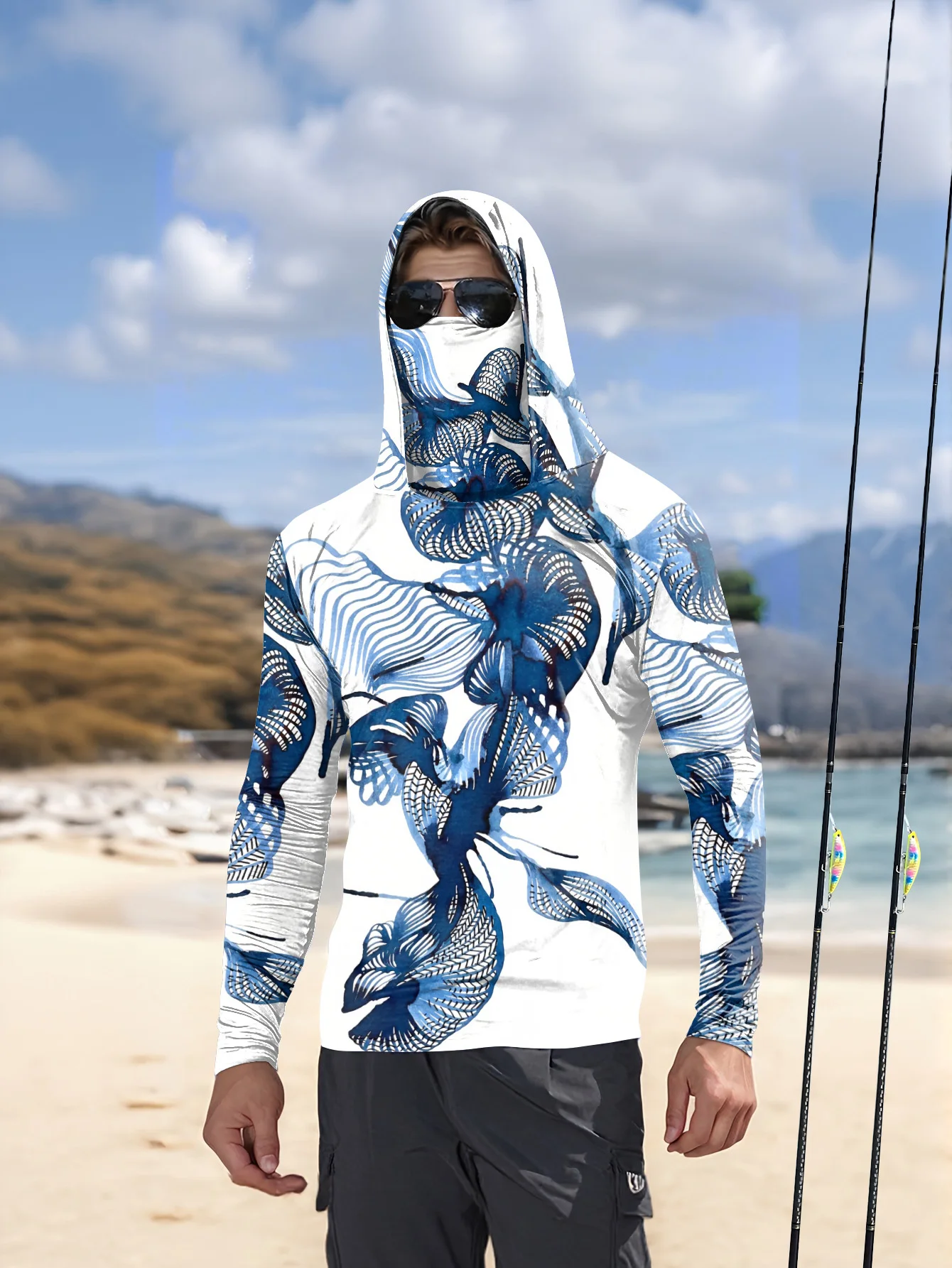 Camisa de Manga Larga para Hombre, Verano 2026, con Estampado 3D Azul y Blanco, Moderna, Cómoda y Ligera para Exteriores