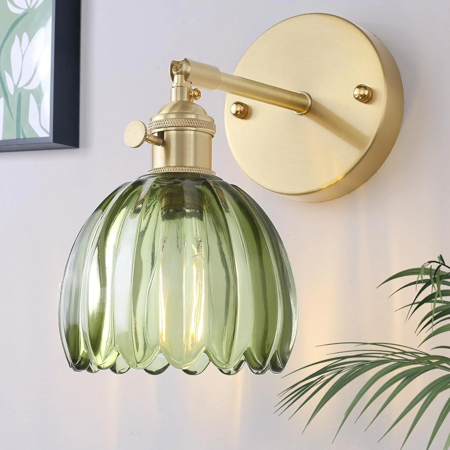 Lampada Da Parete In Vetro Nordico Con Design Floreale Creativo Vintage Interamente In Rame, Presa Per Arredamento Camera Da Letto, Corridoio E Studio-image
