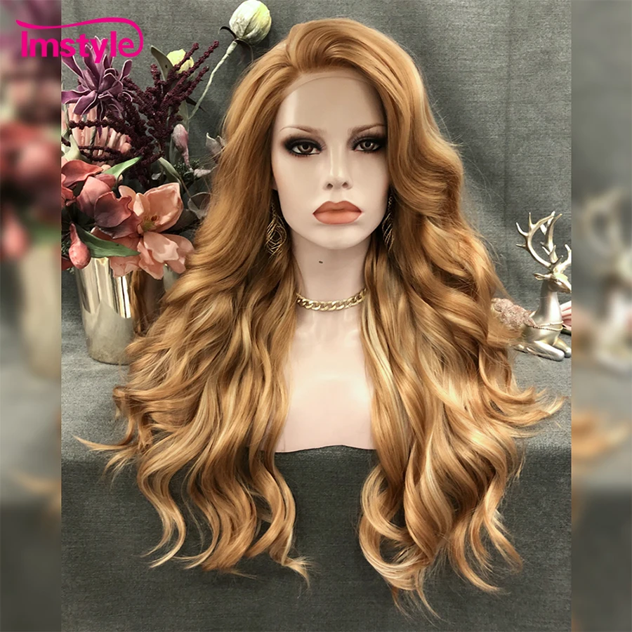 Imstyle-peluca sintética con malla frontal para mujer, cabellera larga ondulada Natural, color rubio dorado, fibra resistente al calor, 24 pulgadas