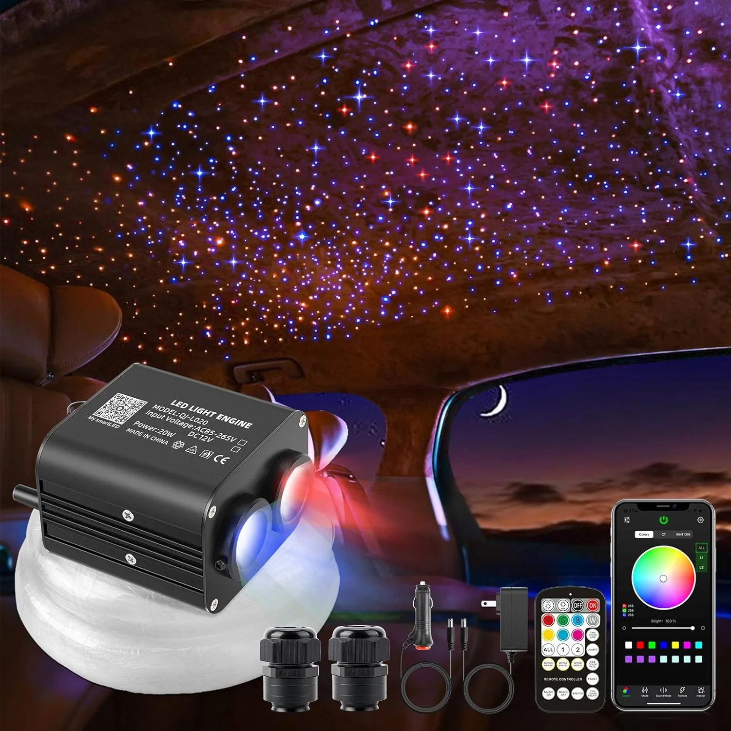 Twinkle LED Światłowód RGBW Sterownik Dwukolorowe źródło światła DC12V 20W z trybem BluetoothP i muzyką do lampy samochodowej Starry Sky