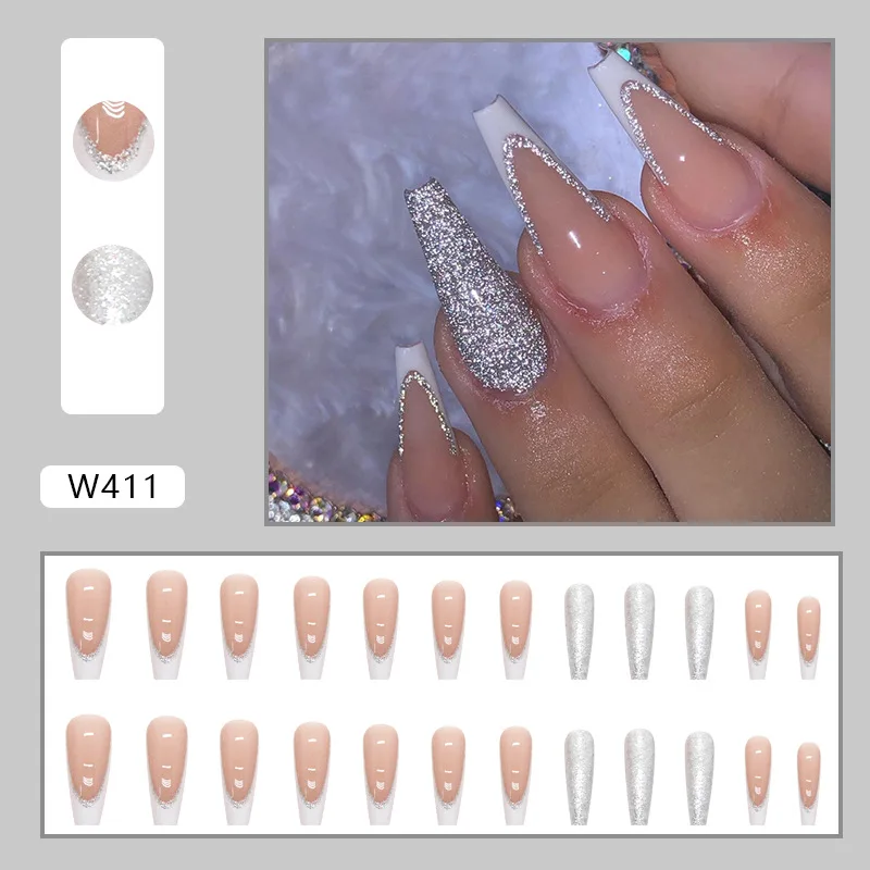 

24Pcs Long Coffin Press on Nails - Glossy White with Chrome & Crystal Double-Sided Polish | Insta-Glam Style