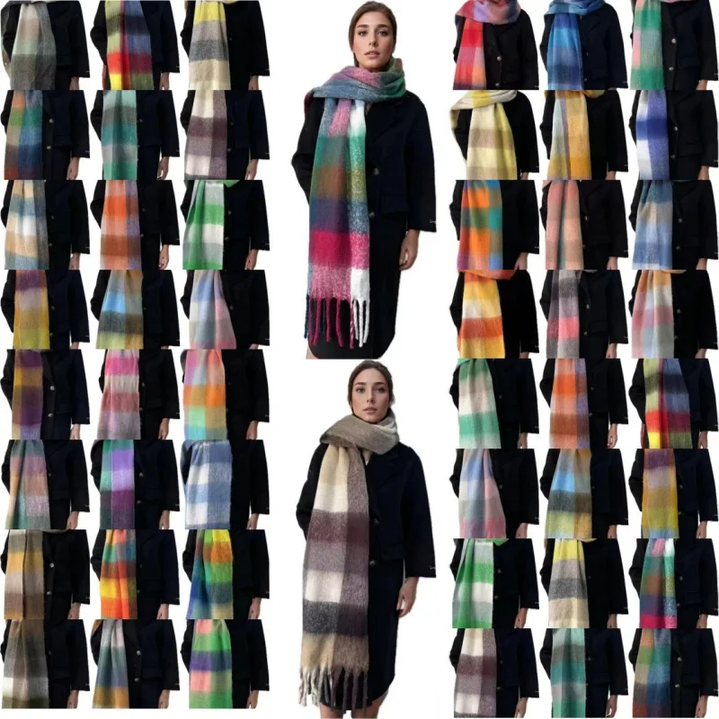 2024 Winter Thick Warm Scarf Women Cashmere Shawl and Wraps Pashmina Neckerchief Bufanda Female Rainbow Hairy Tessel Echarpe New