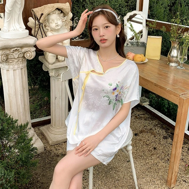 New Chinese-style Satin Summer Ice Silk Thin Pajamas Femininity National Style Suit Loungewear Can Be Worn Comfortably Comfort