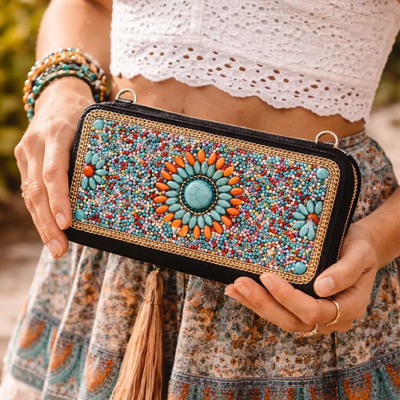 Hand-Beaded Crossbody Wallet for Women Bohemian PU Leather Zip Around Long Purse with Adjustable Shoulder Strap