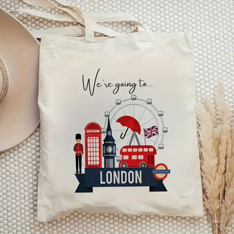 London Landmark Bus Phone Booth Doodle Printed Canvas Tote Bag Handbag For Daily Commute Shopping And Short Travel Use view 2