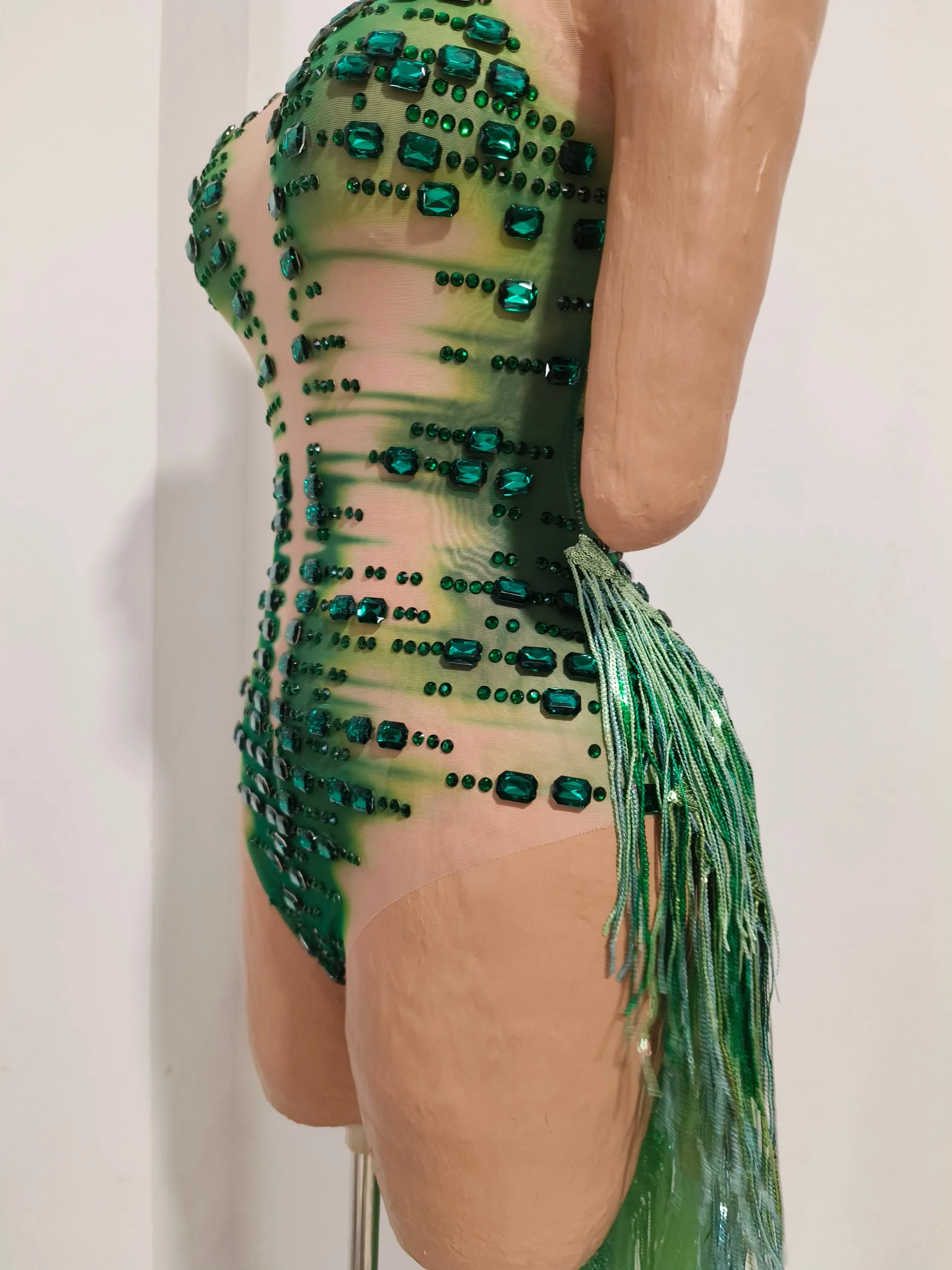 Green Sparkly Rhinestone Transparent Mesh Bodysuit Women Fringe Trailing Stage Performance Costume Party Event Sexy Wear Zacao