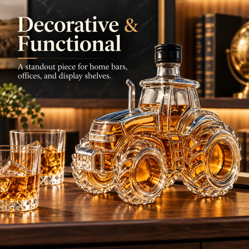 3D Tractor Shaped Liquor Decanter Glass Whiskey Bottle Farm Style Home Bar Decoration Collectible Gift for Dad