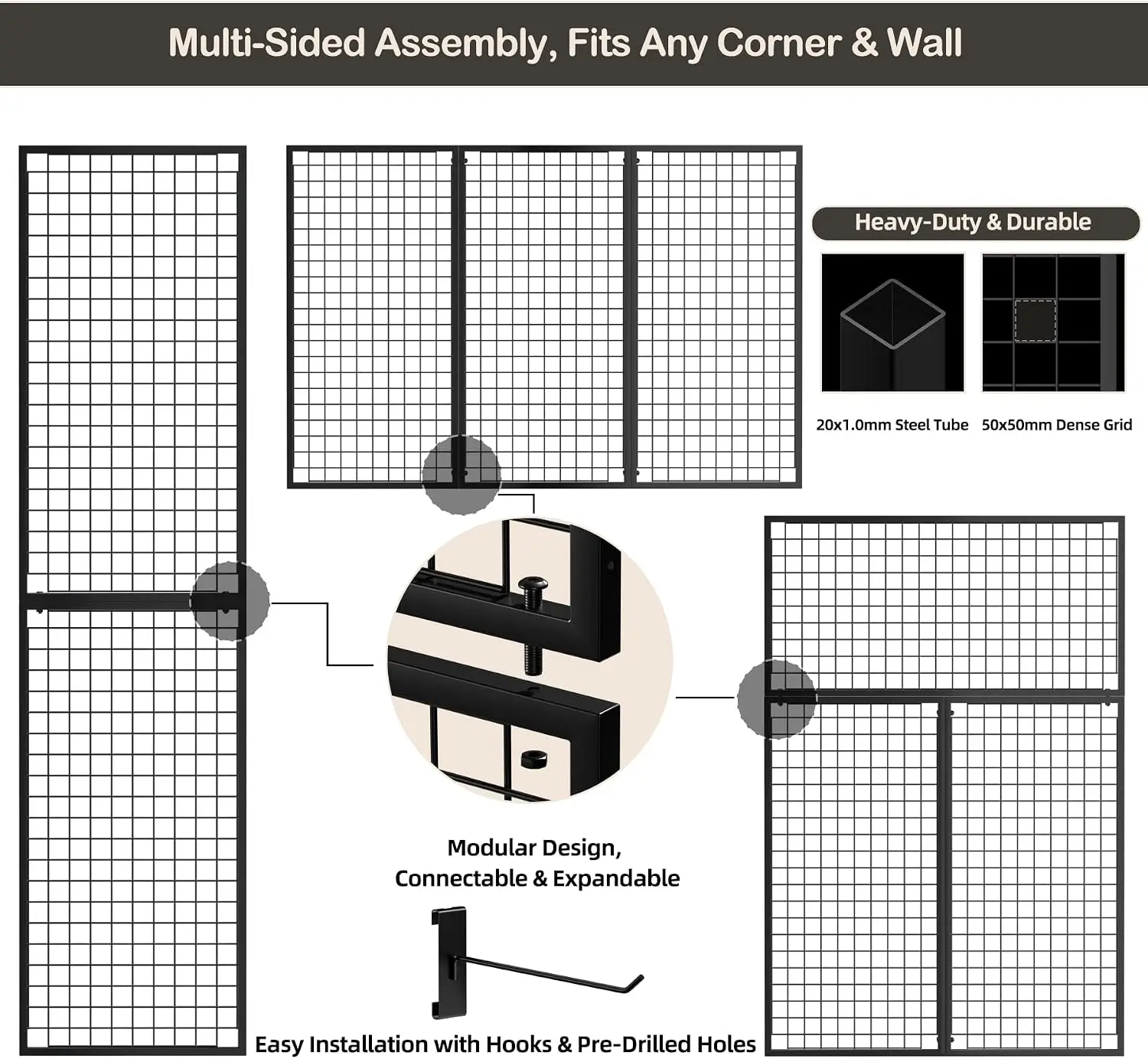 3-Pack Wall Mount Gridwall Panels, 21.6" x 43.3" Wire Grid Wall Display Stand with 30 Hooks, Modular Art Display Rack and Garage Organization Workshop Storage, Black