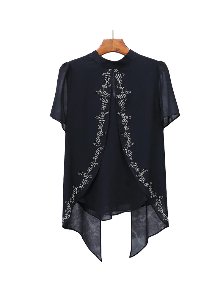 2024 Summer Design Short sleeved Black Chiffon Cloak Top Women\'s Embroidered Bottom Casual Blouses Western Style Shirt