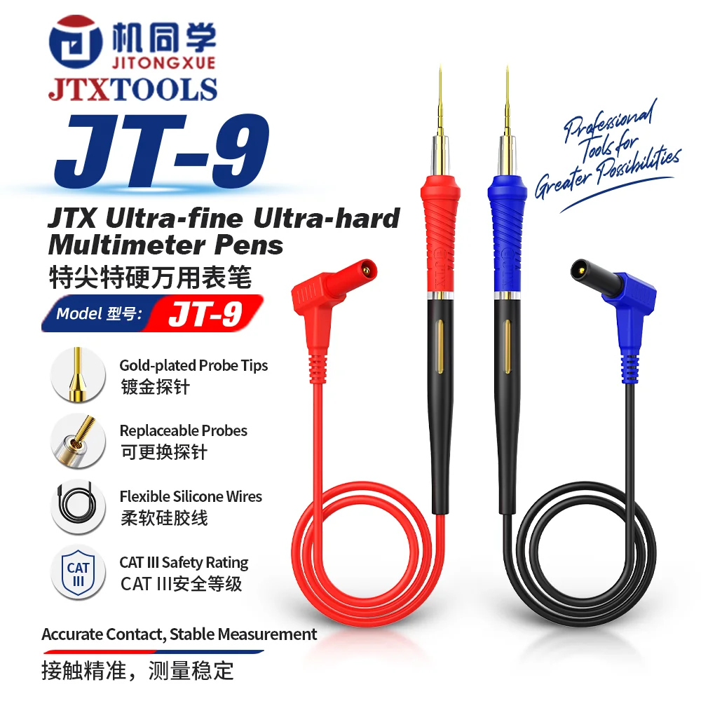JTX Universal Multimeter Test Leads with Soft Silicone Cables and Gold-Plated, Replaceable Sharp-Tip Probes (1000V, 10A)