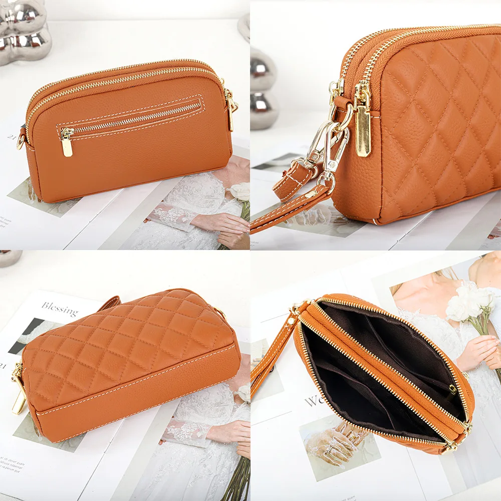 Leather Small Crossbody Bags Shoulder Handbag for Women Diamond Double Zip Wristlet Clutch Wallet Purses with Adjustable Strap