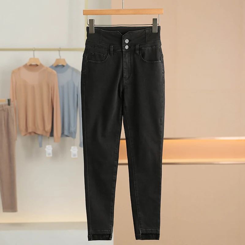 

High Waist Pencil Jeans Small Foot Contain Sticky Fiber Spring New Women's Fashion Black Slim Fit Casual Zipper Style