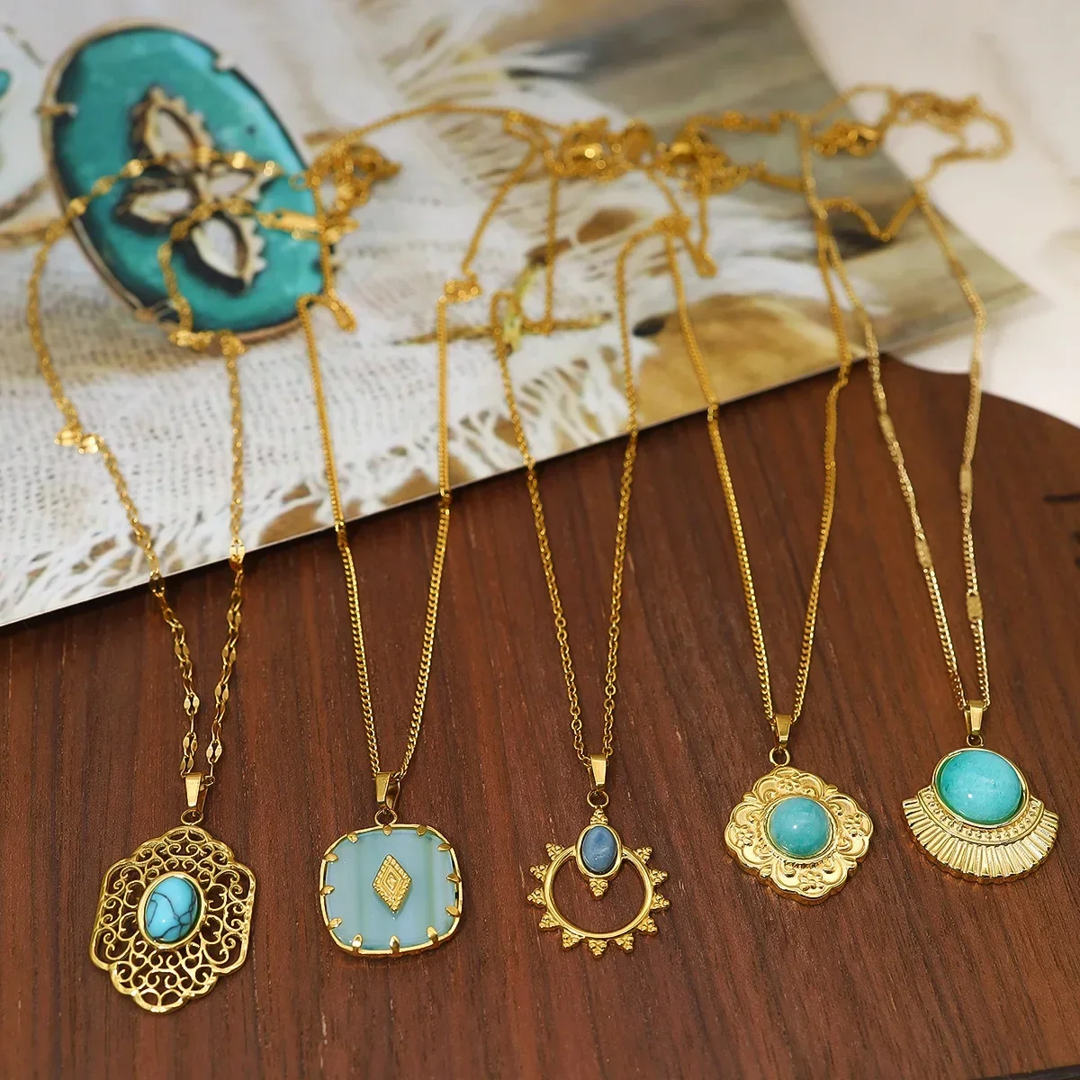 10pcs Blue Natural Stone Turquoise Pendant Necklace Women Vintage Carved Collarbone Chain Choker Stainless Steel Jewelry Boho