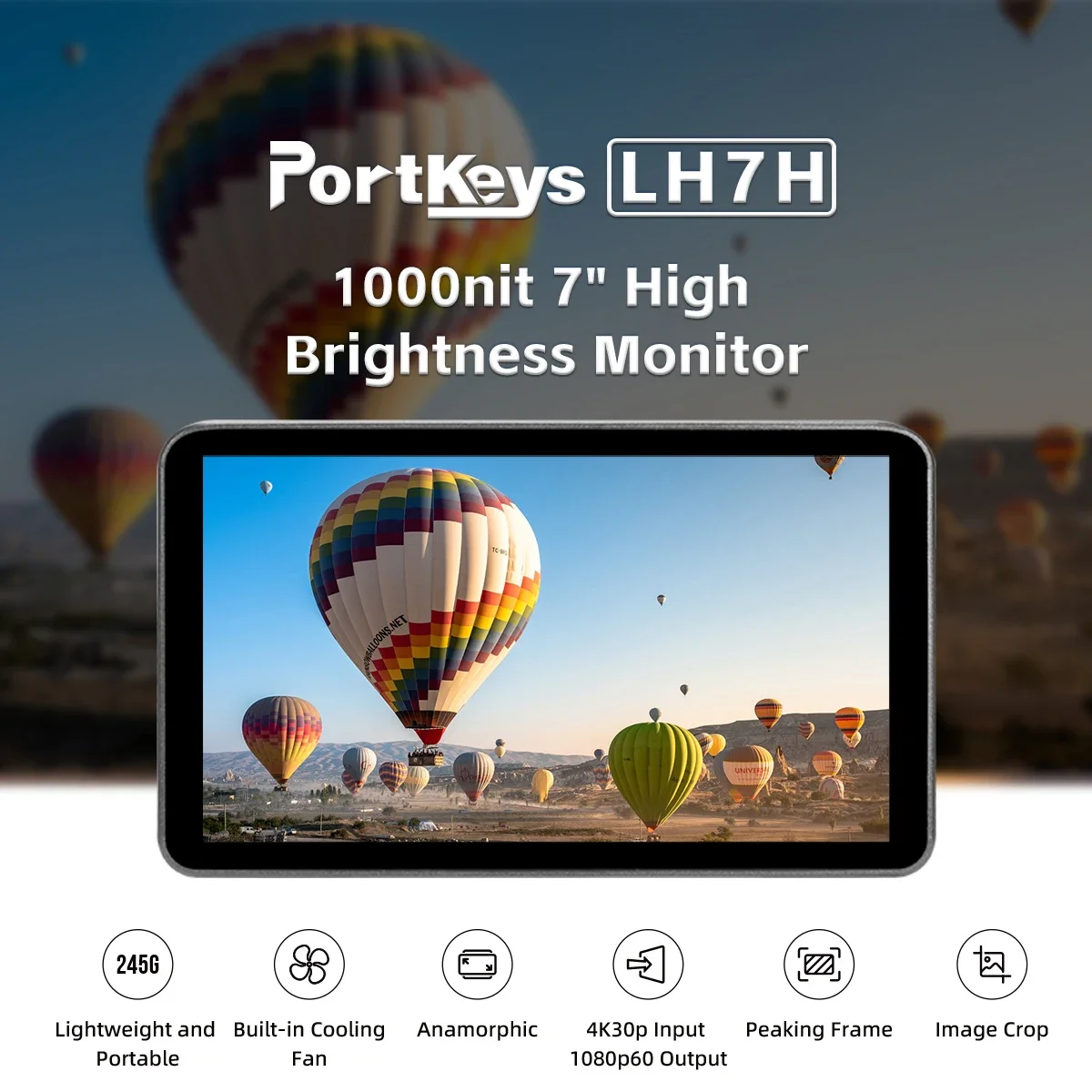 كاميرا Portkeys LH7H مراقب ميداني 7 بوصات 1000nit تعمل باللمس إطار تجميد FHD 1080P60 3D LUT ARRI لون كاذب لـ DSLR (رمادي داكن)
