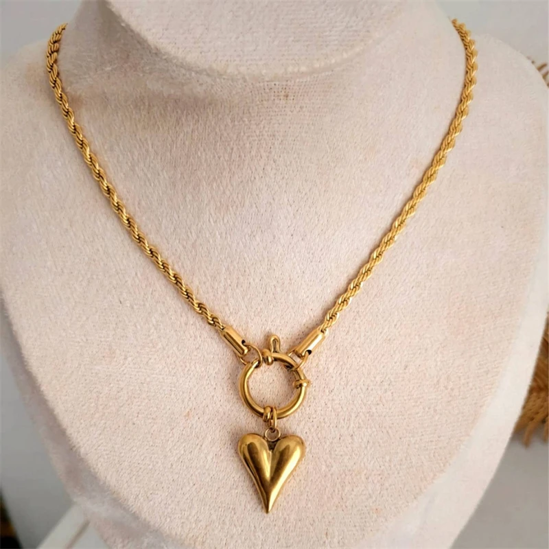 316L Stainless Steel New Fashion Waterproof Jewelry Hip-hop Love Heart Shape Charm Rope Chain Choker Necklace Earrings For Women