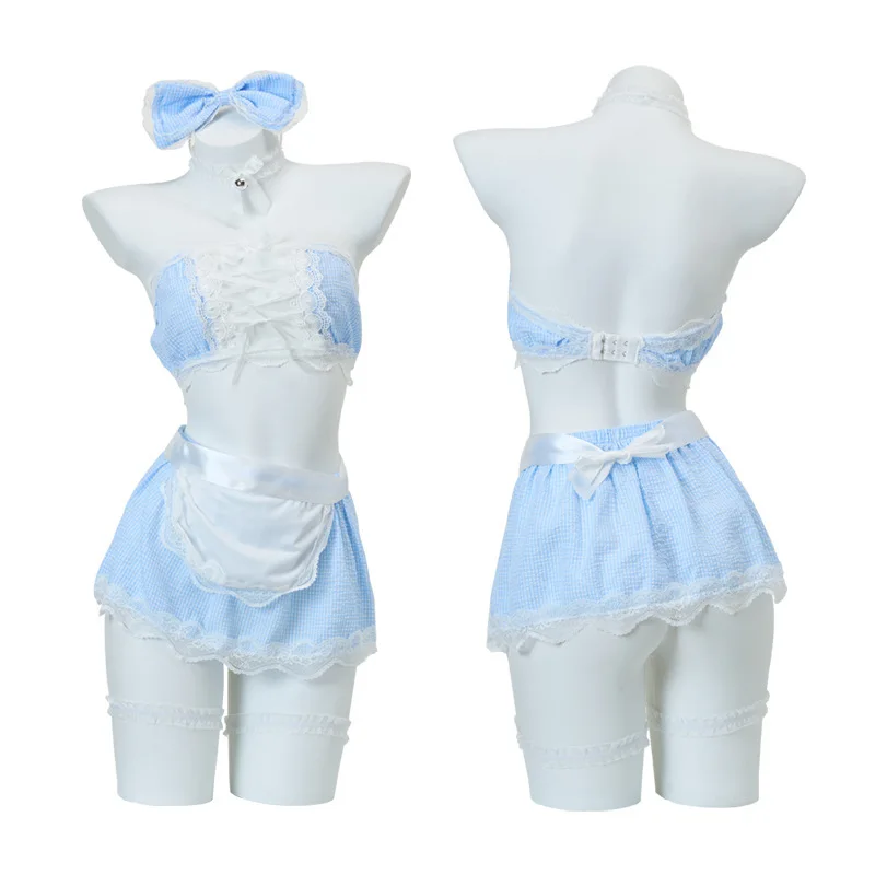 

Women's sexy lingerie plaid pure lace top skirt cosplay maid uniform suit Halloween party bar nightclub role play pajamas 2025