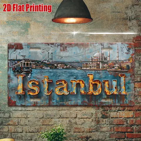 2D Düz, 1 adet, Vintage Metal Tabela, Dış Mekan Duvar Sanatı (30cm X15cm), Şehir Manzaralı ve Cami Görünümlü ISTANBUL Alüminyum Tabela