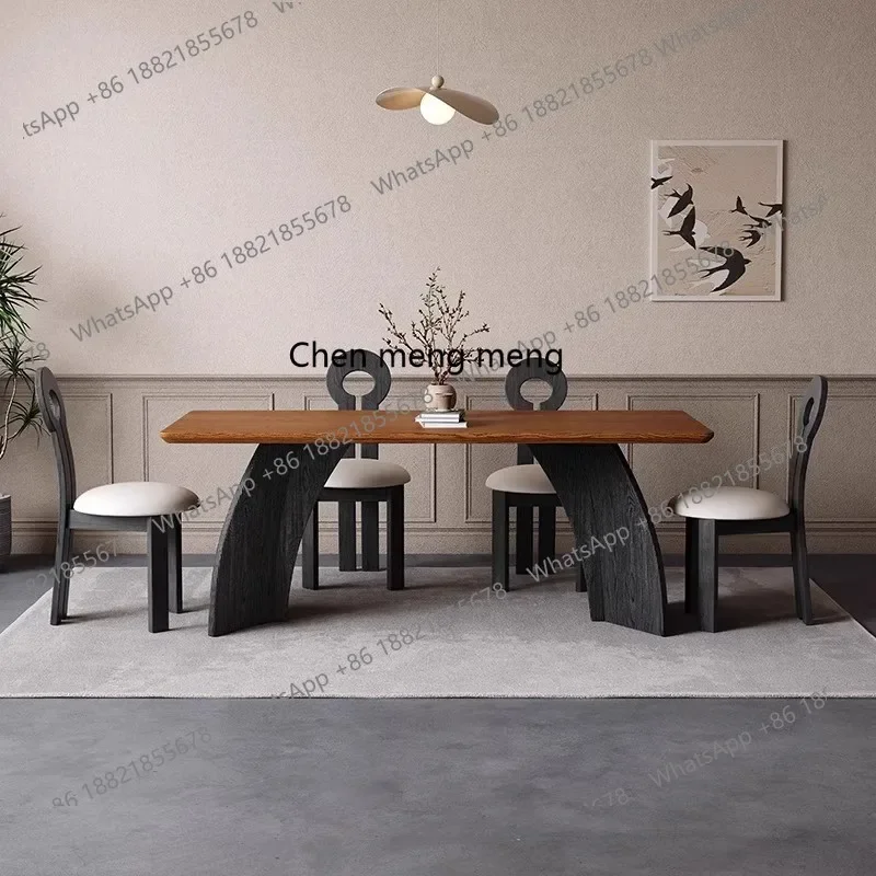 A139 Medieval style solid wood dining table and chair combination household retro style walnut thickened rectangular dining tabl