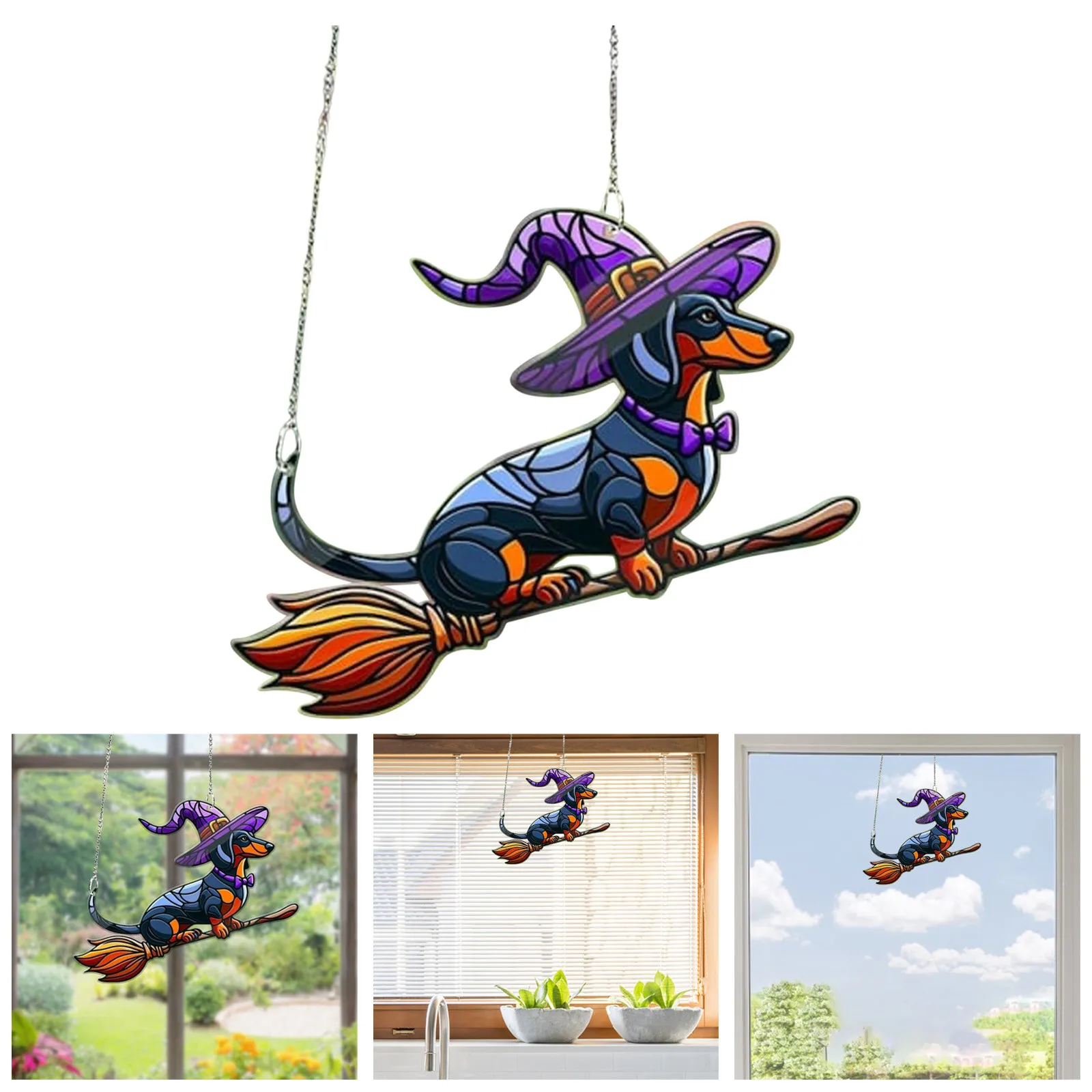 Witch On Acrylic Window Hanging Halloween Season 2d Glossy Print Entryway Patio Balcony Garden Fall Autumn Stocking Hangers Ties