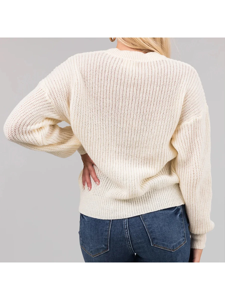 Women s Cozy Oversized Sweater with Chic Embroidered Detailing and Round Neckline for Fall Season Comfort