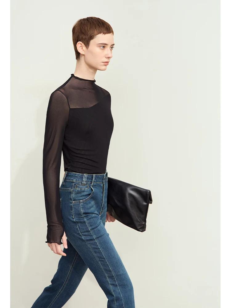 Amii-Économie minimalistes en maille pour femmes, chemise rétro Slim, col mi-haut, dame de bureau, automne, nouveau, 2024, 12423055