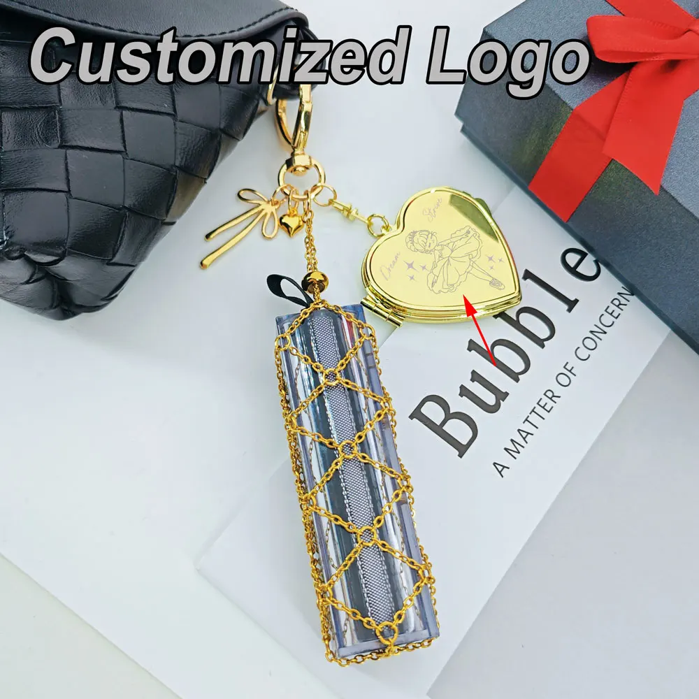 

Брелок Y2K с индивидуальным логотипом, популярный металлический золотой брелок-подвеска с сетчатым чехлом для помады, портативное зеркальце, защитный брелок для ключей, женское кольцо для ключей