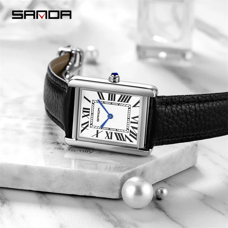 SANDA Ladies Rectangular Watch Silver Shell Ladies Watch Luxury brand Business Belt Quartz Ladies Charm wedding party gift