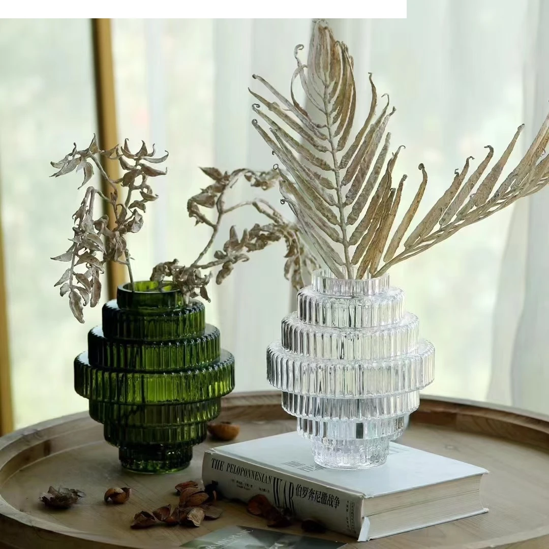 Glass Vase Vertical Grain Tower Shaped Transparent Flower Hydroponics Terrarium Home Decoration Accessories
