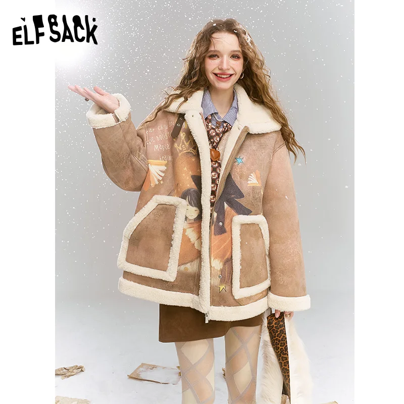 ELFSACK 2024 겨울 신착 오리지널 풀 프린트 모조 스웨이드 복합 모조 플러시 루즈 두꺼운 코트 여성용