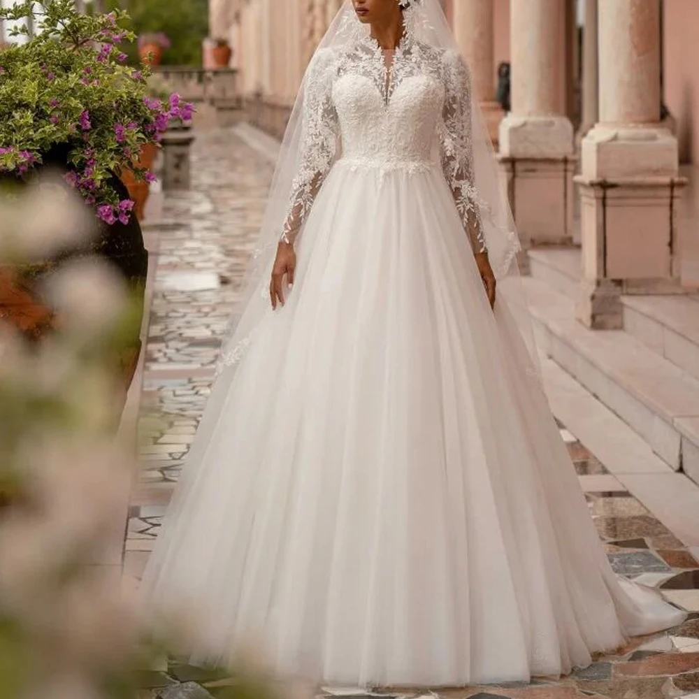 Customized Exquisite Princess Wedding Gown Lace Bodice Stand-up Collar Bridal Dress Long Sleeve Ball Gown vestidos de novia