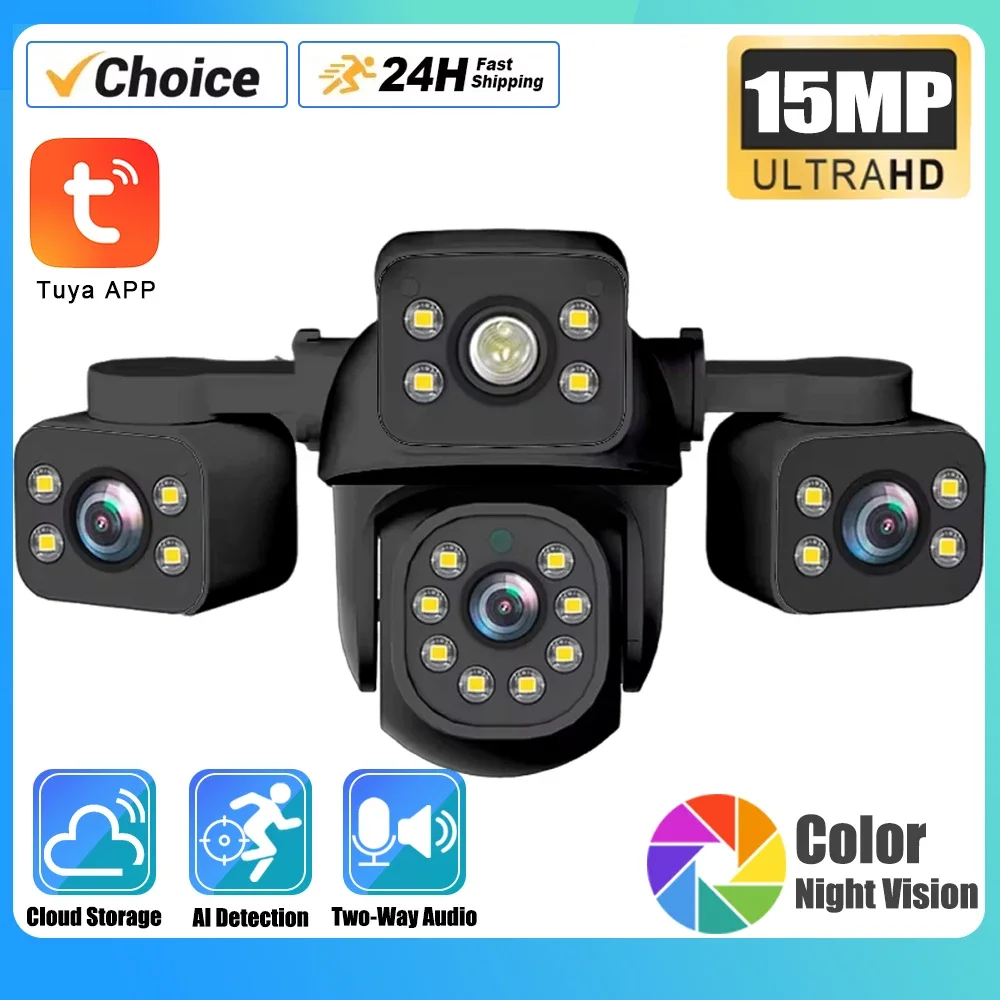 

15MP HD WIFI IP Цветная камера ночного видения с тремя экранами и тремя объективами Автоматическое отслеживание IP66 Водонепроницаемая камера видеонаблюдения Tuya Smart