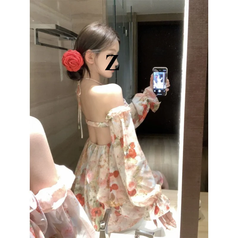 

Fragrant Flower Show Back Hanging Neck Long sleeved Dress for Women Gentle Short Skirt Sleeveless Loose A-line Dress