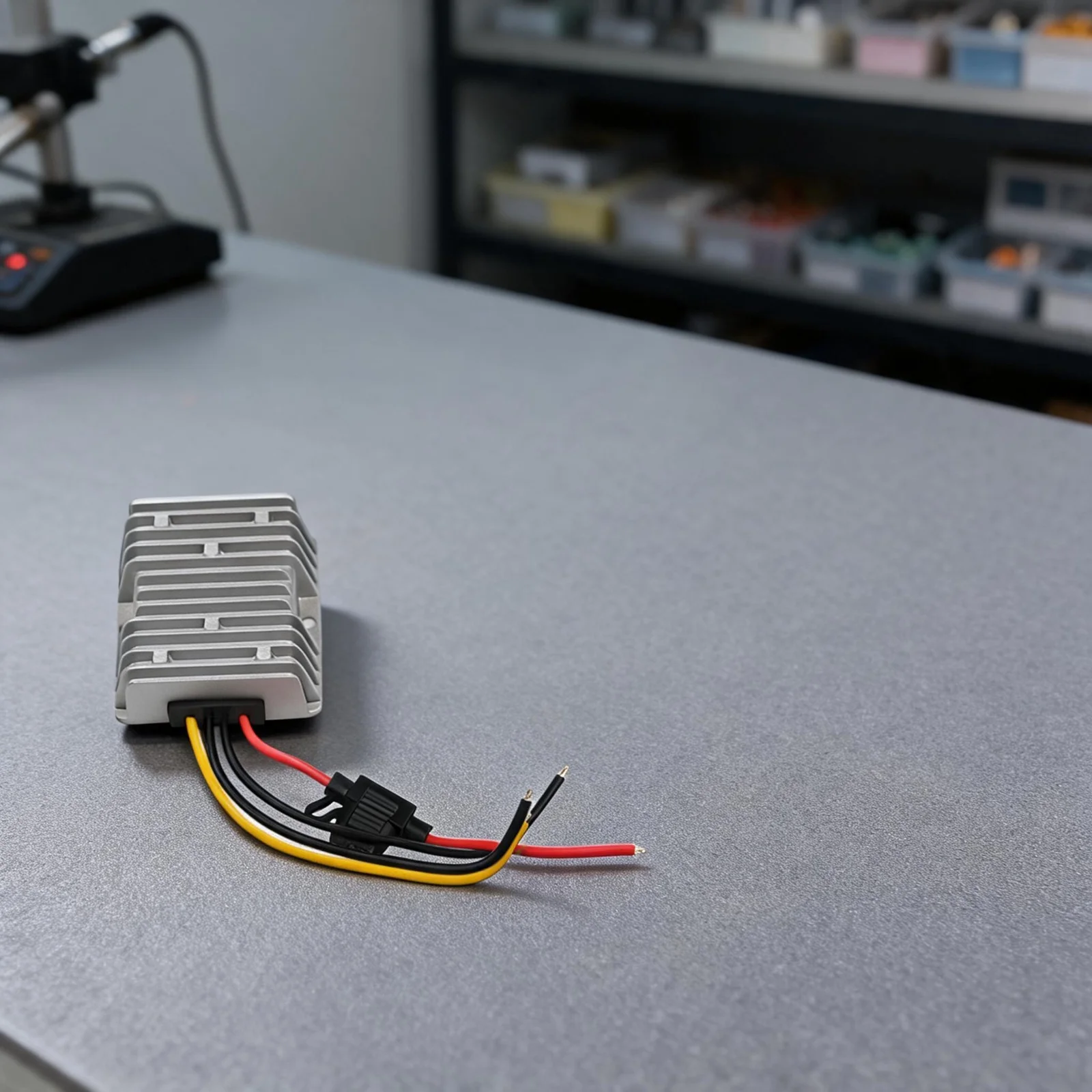 Aluminum Casing Adapter Converts input voltage of either thirty six or forty eight volts down to twelve volts output