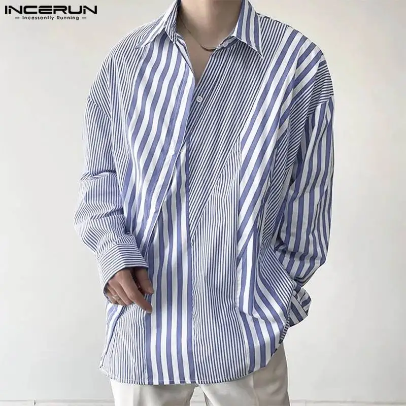 INCERUN Tops 2023 Korean Style New Men\'s Striped Patchwork Design Shirts Casual Streetwear Male Long Sleeved Lapel Blouse S-5XL