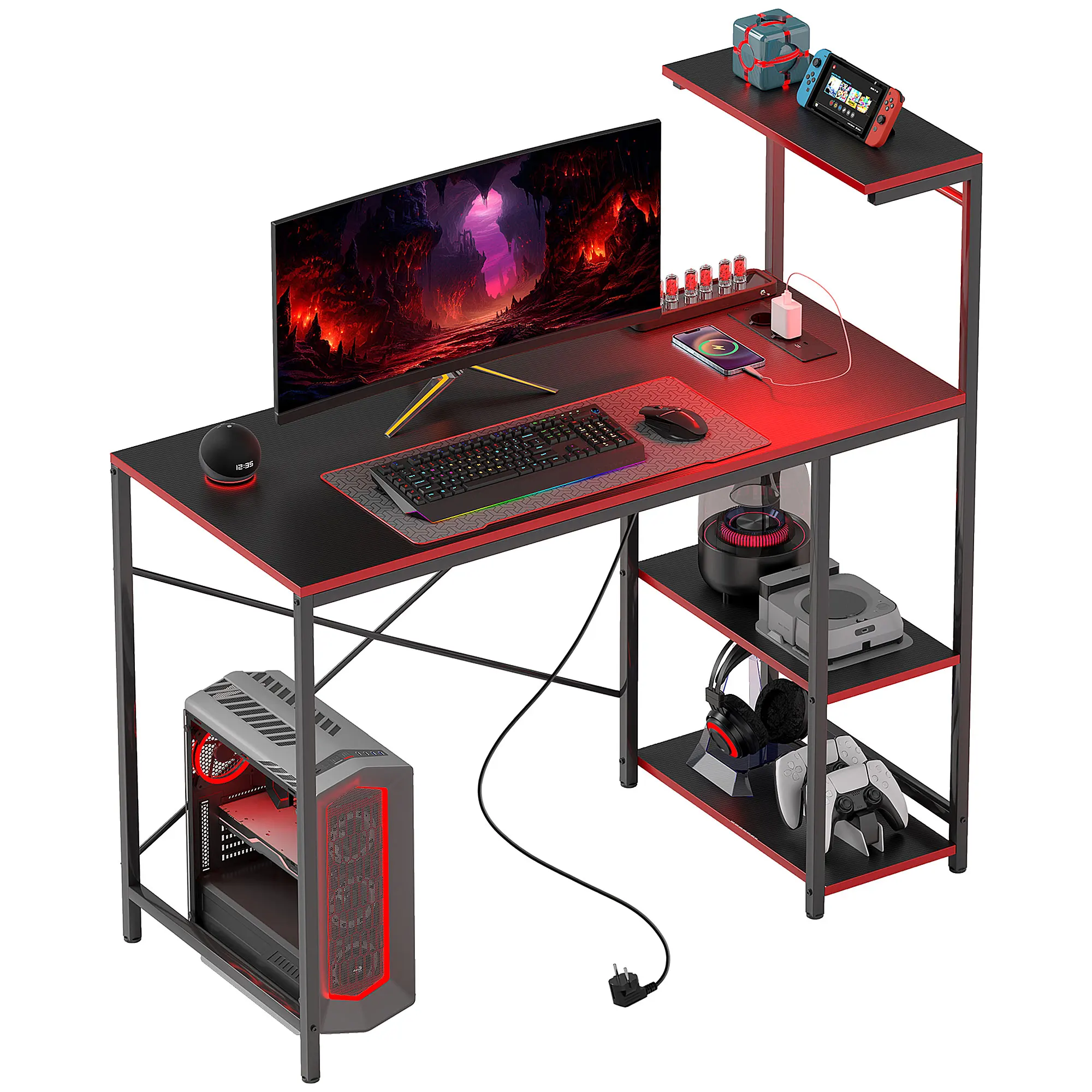 Escritorio Gaming de Fibra de Carbono con Luces LED 110x50 cm Tomas de Corriente Estantes y Control Remoto Negro