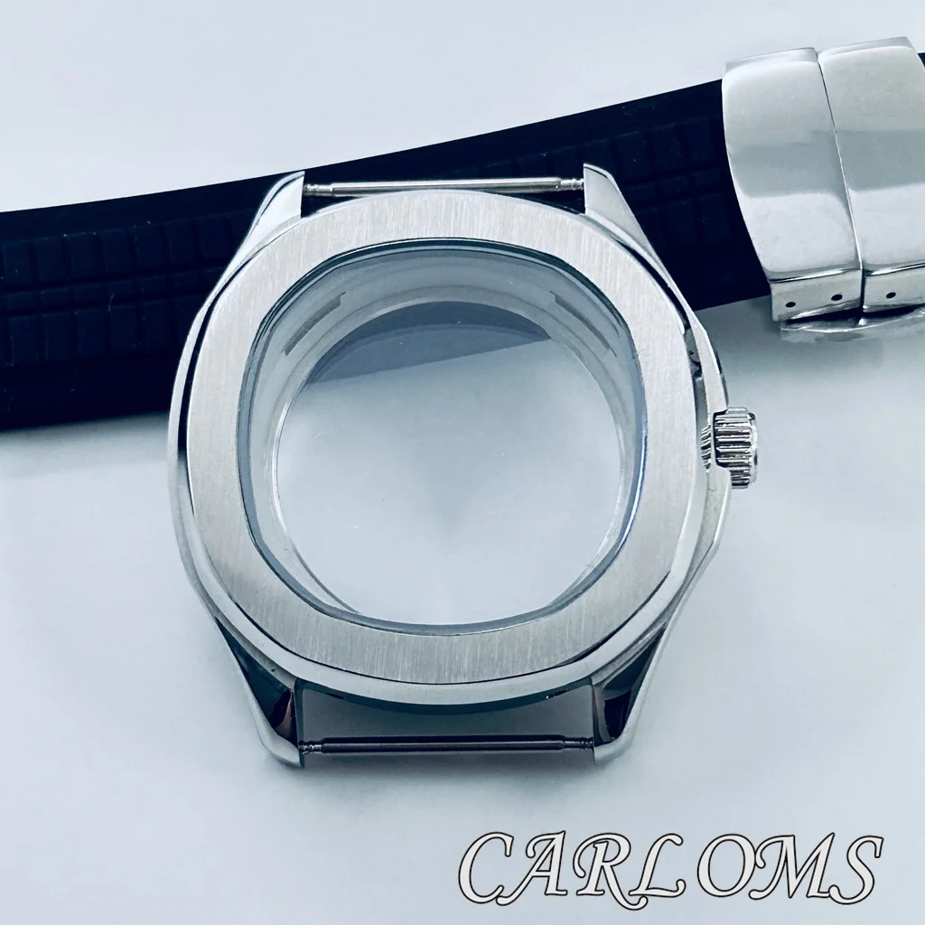 40mm Silver Watch Case for NH35 NH34 NH36 NH38 NH70 NH72 Movement Aquanaut Style Sapphire Glass Rubber Strap