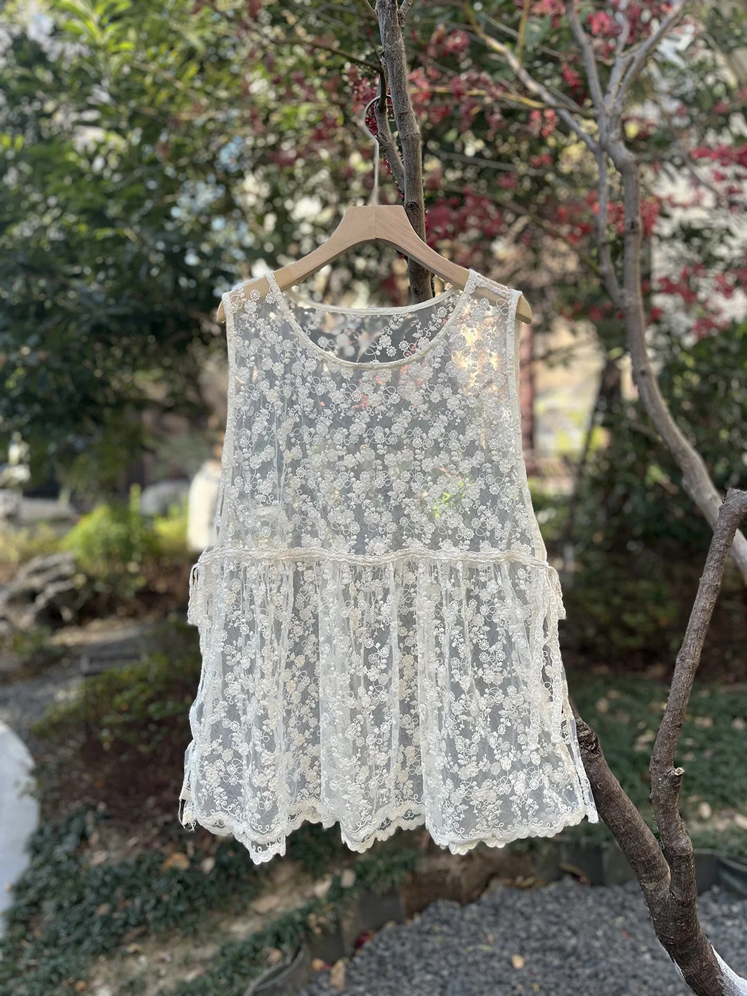 Spring Summer Lace Trim round Neck Vest Belted Layering Versatile Cotton Polyester Blend Sweet Style A-Line Narrow Strap Vest