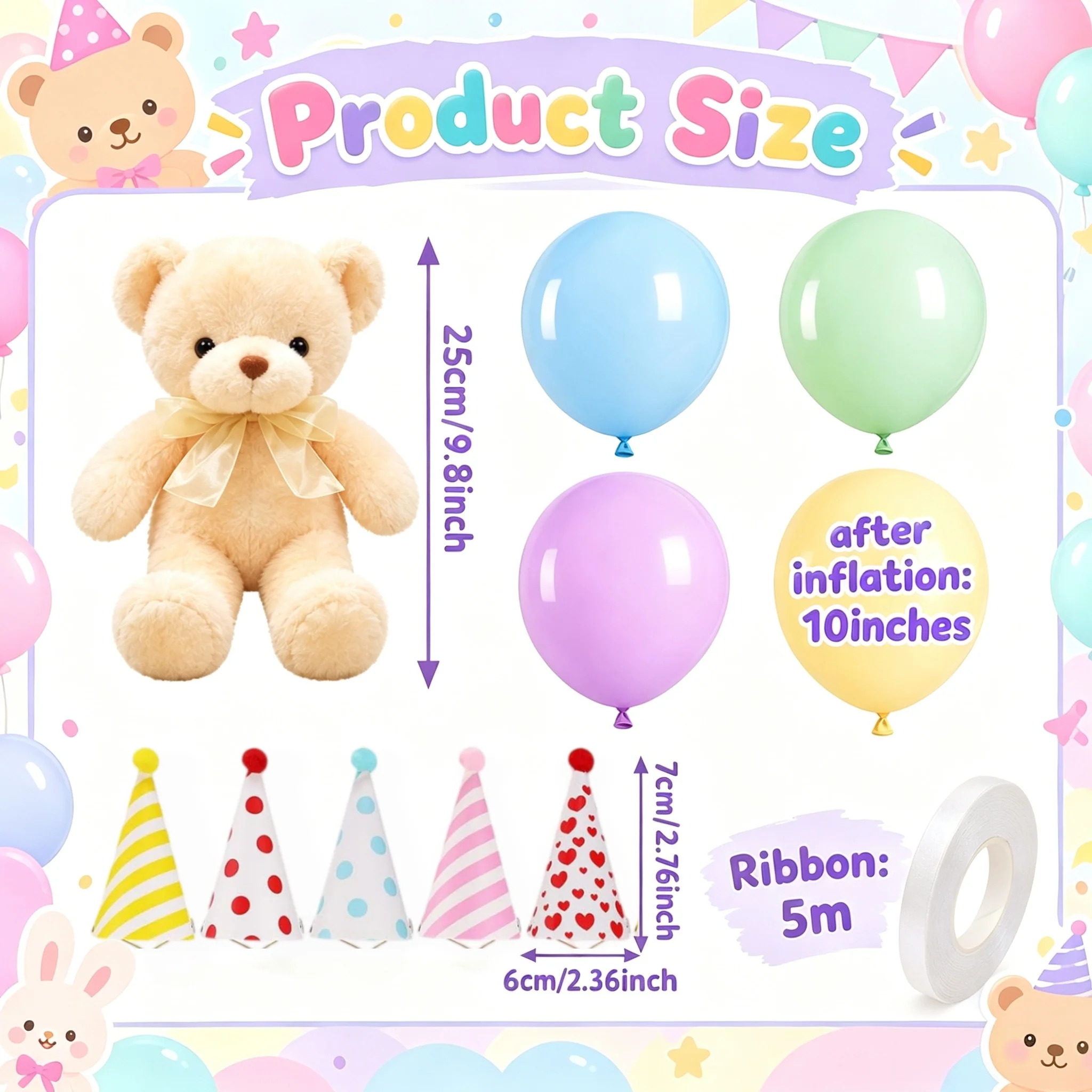 4-8Sets 9.8Inch Teddy Bear Stuffed Animal Mini Party Hats and Pastel Balloon Ribbon for Birthday Party Baby Shower - view 6