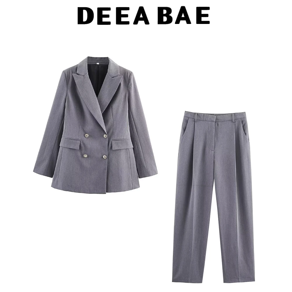 

DEEABAE женский осенний костюм с подкладкой на плечах и двойными клапанами с длинными рукавами, комплект складных брюк с высокой талией