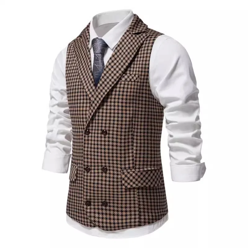 Double Breasted Mens Plaid Vest Classi Waistcoat for Groomsmen Wedding Business Colete Casual Masculino Men Seampunk Suit Vest