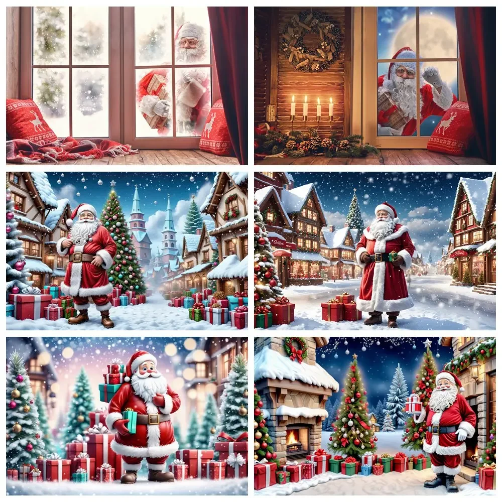 

Christmas Santa Claus Gifts Backdrop Village Ball Trees Photo Studio Background Home Decoration Photography Back Drop