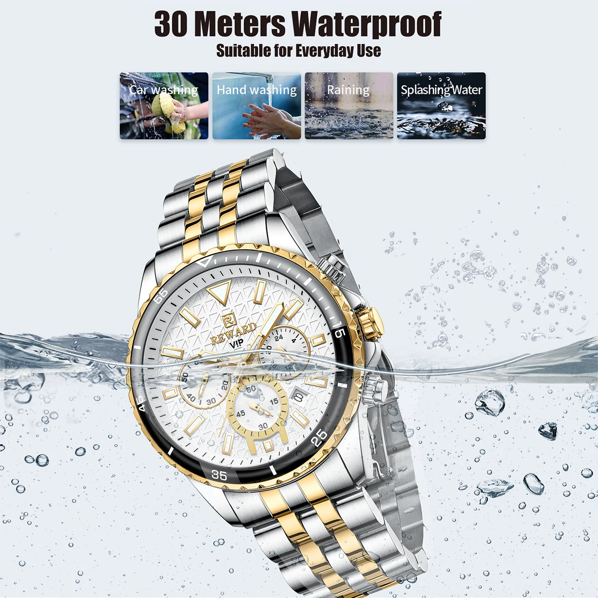 REWARD Men\'s Quartz Watches Stainless Steel Gold Luxury Wristwatch Clock Man Sport Watch