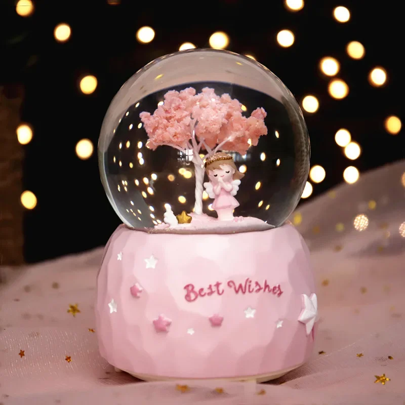 Colorful Sakura Girl Crystal Ball Music Box Light Drifting Snow Crystal Ball Dormitory Bedroom Atmosphere Light Student Gift