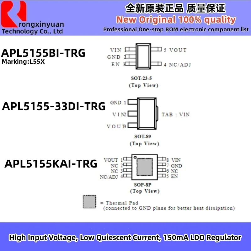 

20Pcs APL5155 APL5155-33DI-TRG APL5155BI-TRG APL5155KAI-TRG APL5155-33DI APL5155BI APL5155KAI 150mA LDO Regulator 100% New